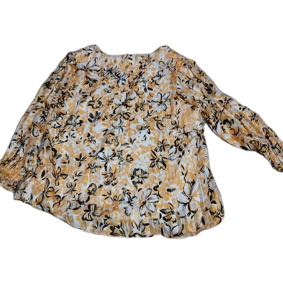 Adrienne Vittadini Floral Blouse L Yellow White Black V-Neck Sheer Long Sleeve - Picture 8 of 8